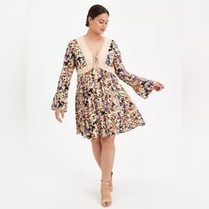 Torrid Dress Womens 2 Plus Sz 2X Beige Floral Gauze Cotton Boho Mini Peasant
